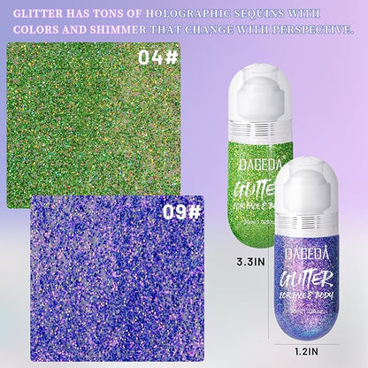 DAGEDA 2Colors Roll-on Body Glitter Gel for Body, Hair, Face, Holographic Glitter Makeup for Rave Accessories, Body Shimmer for Halloween Makeup(Green + Purple)