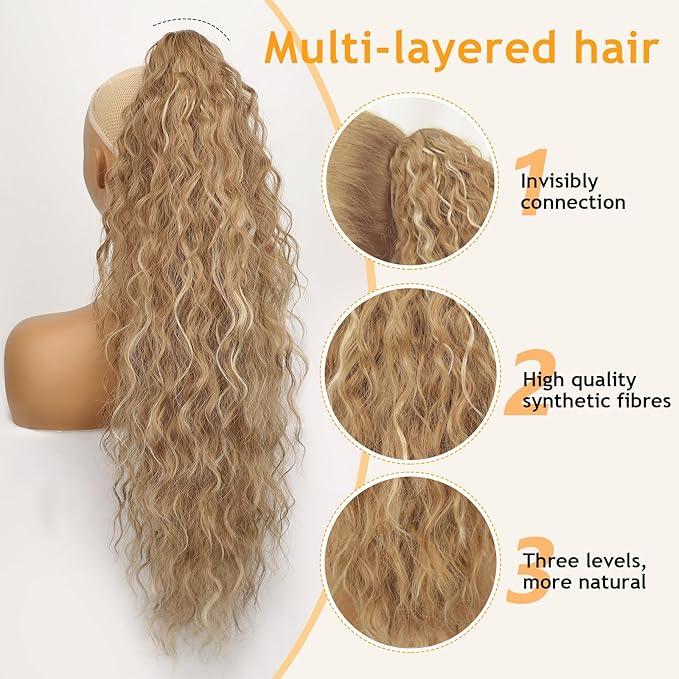 ORSUNCER Ponytail Extension Claw 30" Curly Pony Tail Clip in Claw Hair Extensions Fluffy Natural Looking Synthetic Hairpiece for Women Blonde Highlight
