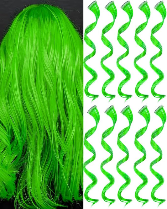 10 PCS Green Hair Extensions, Curly Wavy Synthetic Hairpieces Clip in Rainbow Neon Party Highlights, Colorful Hair Accessories for Kids Girls Women 17 Inch
