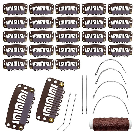 25Pcs Hairpieces Snap Clips U Shape Wig Clips for Hair Extensions Making Wig Accessories Set Tools (Brown)