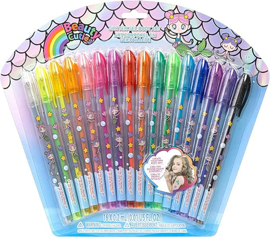 Townley Girl Mermaid 16 Piece Glitter Pen Body Art Set, Glittery and Bright Colors, Ages 3