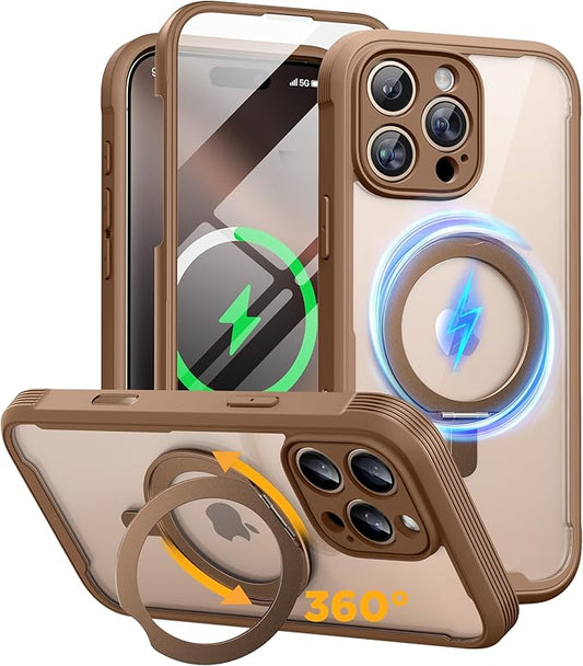 Miracase for iPhone 16 Pro Max Case with 360° Magnetic Ring Stand [Compatible with Magsafe] Full-Body Drop Proof Bumper Phone Case with Built-in 9H Tempered Glass Screen Protector,Brown