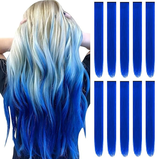 22 inch Colored Hair Extensions, Colorful Party Highlights Clip in Synthetic Hair Extensions for Girls Women Kids Favor Gift(10 PCS Blue)