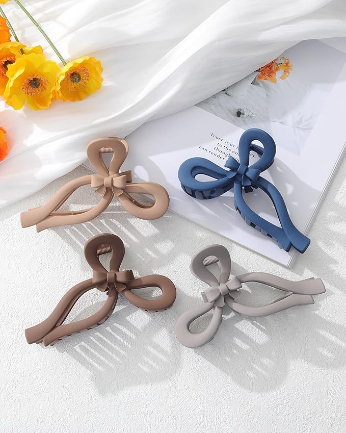 4 PCS Bow Hair Clips Bow Claw Clip for Women Nonslip Large Hair Claw Clips for Thin and Thick Hair Strong Hold Hair Bows (Gray+Light Brown+Dark Brown+Dark Blue)