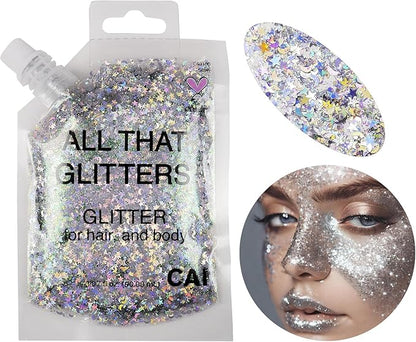 Hair Glitter Gel; Body Glitter & Face Glitter for Women/Kids (2 PK Red/Silver) Moon & Stars; Iridescent Holograph Cosmetic Grade- Apply Without Glue, Easy to Take Off Keeps Skin Clean