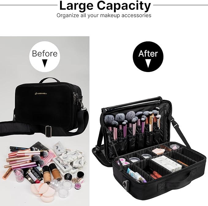 (Not Made In China) Makeup Train Case, Cosmetic Organizer Bag, Travel Make Up Storage With Adjustable Dividers For Cosmetics, Jewelry, Fragrance, Nail Polish and Brushes (1, Black, Large)