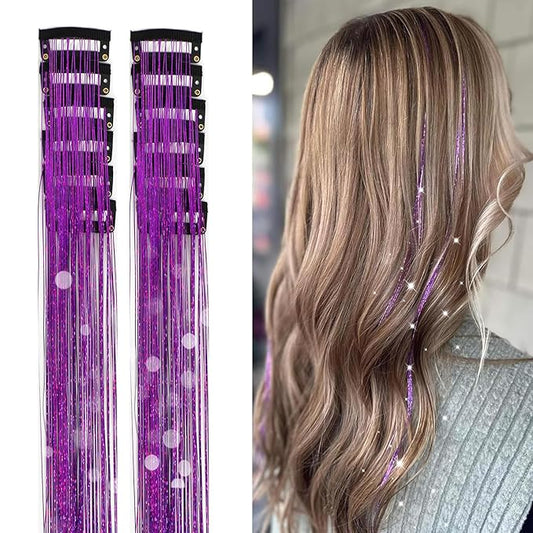 12Pcs Hair Tinsel Clip in Glitter Tinsel Hair Extensions 19.6Inch Clip in Hair Tinsel Kit Heat Resistant Shiny Sparkly Fairy Hair Accessories for Women Girls Kids (Purple)
