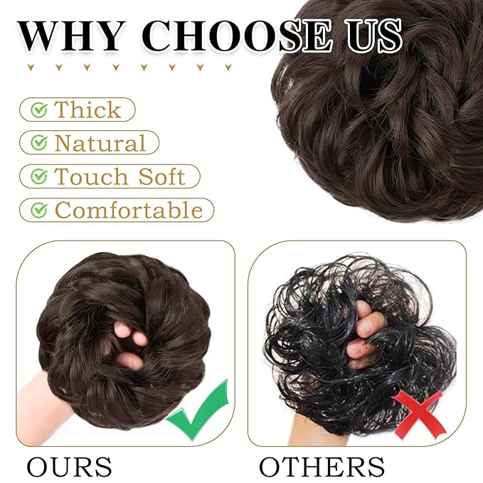 MORICA 1PCS Messy Hair Bun Hair Scrunchies Extension Curly Wavy Messy Synthetic Chignon for Women (1-6#(Dark Brown))