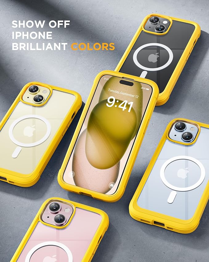 Miracase Magnetic for iPhone 15 Plus Case 6.7'' [Compatible with Magsafe] Full-Body Military Drop Proof 15 Plus Phone Case Cover with Built-in 9H Tempered Glass Screen Protector,Magnetic Yellow