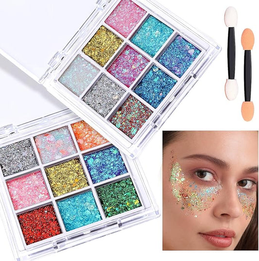 FANDAMEI Face Glitter, 2 Gel Palette 18 Grids, Body Hair Glitter for Kids Women for Makeup, Halloween Rave Concert Face Paint Glitter