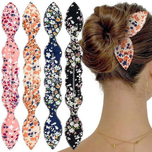 4 Pcs Deft Bun Maker French Twist Rabbit Ear Bun Twister Flower Flexible Quick Hair Styling Accessories for Women Girls