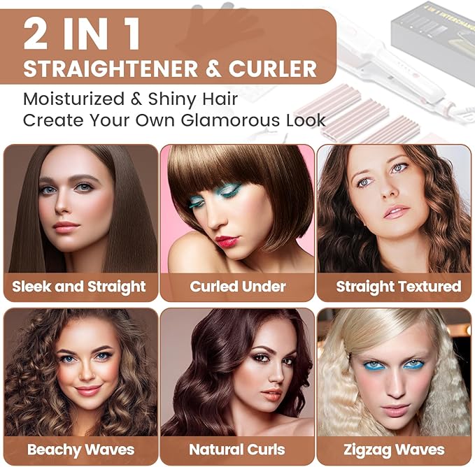 4 in 1 Hair Crimper, Straightener, and Curling Iron: Ceramic Flat Crimping Plates, Volumizing Tool with 15s Fast Heating (White)