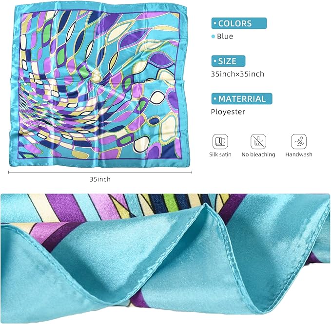 35 x 35 Women's Fashion Pattern Large Square Silk Like Hair Scarf Head Sleeping Wrap Satin Neck Bandana for Gift…