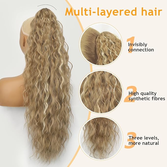 ORSUNCER Ponytail Extension Claw 30" Curly Pony Tail Clip in Claw Hair Extensions Fluffy Natural Looking Synthetic Hairpiece for Women Blonde Highlight