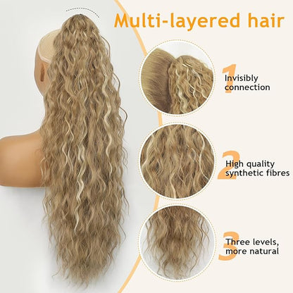 ORSUNCER Ponytail Extension Claw 30" Curly Pony Tail Clip in Claw Hair Extensions Fluffy Natural Looking Synthetic Hairpiece for Women Blonde Highlight