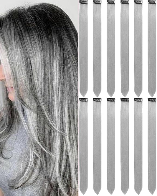 12 PCS Grey Hair Extensions Clip in, 22 Inch Colored Hair Extensions Party Highlights Long Straight Synthetic Hairpieces for Women Kids Girls Cosplay