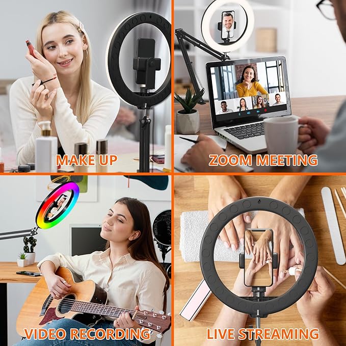 Upgrade 10’’ Ring Light Overhead Phone Mount,LED Selfie Light with Stand and Phone Holder for iPhone and Laptop,Desk Light for Video Recording, Live Streaming,Zoom Meeting, YouTube，Tiktok