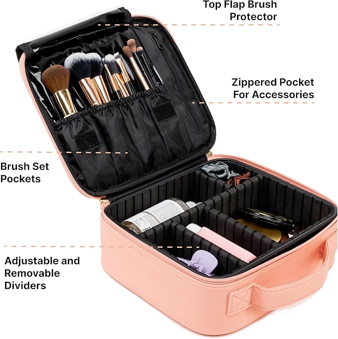(Not Made In China) Makeup Train Case, Cosmetic Organizer Bag, Travel Make Up Storage With Adjustable Dividers For Cosmetics, Jewelry, Fragrance, Nail Polish and Brushes (Pink, Small)