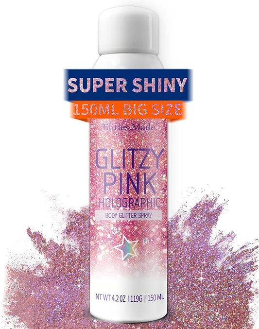 Body Glitte Spray, 150ML Pink Glitter Spray for Hair and Body, Long-Lasting and Quick-Drying Holographic Glitter Hairspray for Kids Women, Body Shimmer Festival Rave and Makeup 4.2 Fl Oz