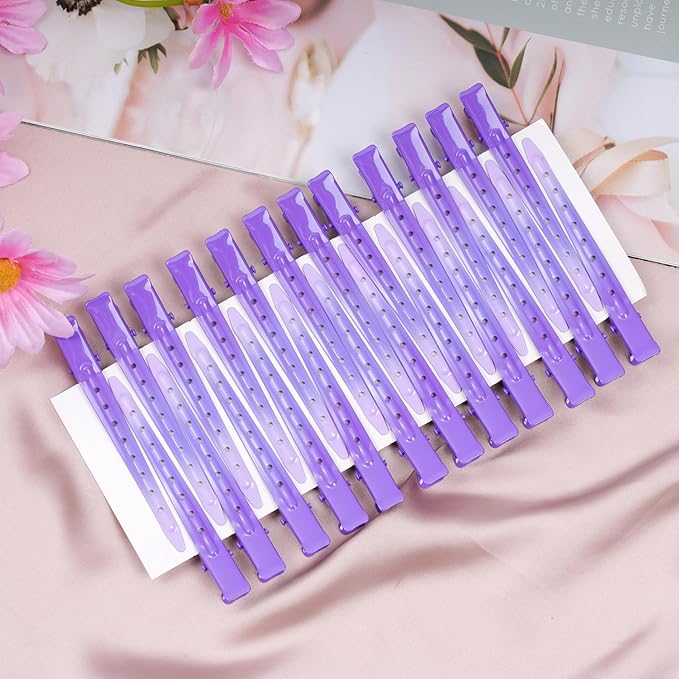 24 Packs Duck Bill Clips, Bantoye 3.35 Inches Rustproof Metal Alligator Curl Clips with Holes for Hair Styling, Hair Coloring, GS Purple