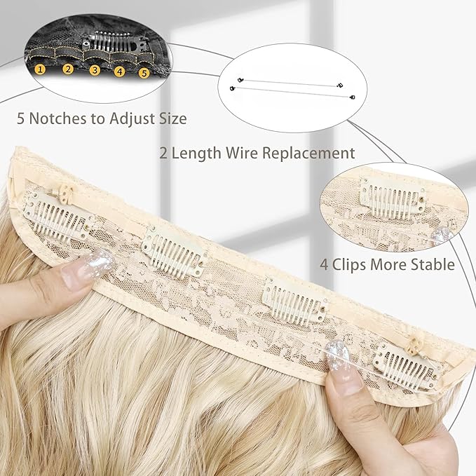 MORICA Invisible Wire Hair Extensions - 14 Inch Hair Extensions Halo Long Wavy Synthetic Hairpiece with Transparent Wire Adjustable Size, 4 Secure Clips for Women(Ash Blonde Mix Bleach Blonde,14Inch)
