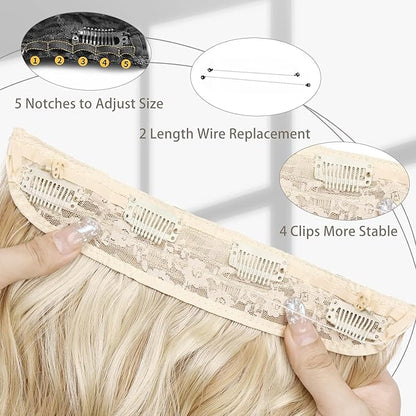 MORICA Invisible Wire Hair Extensions - 14 Inch Hair Extensions Halo Long Wavy Synthetic Hairpiece with Transparent Wire Adjustable Size, 4 Secure Clips for Women(Ash Blonde Mix Bleach Blonde,14Inch)