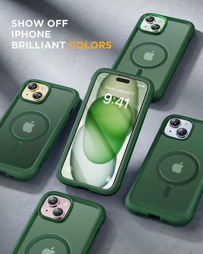 Miracase Glass Series for iPhone 15 Case [Compatible with MagSafe] Full-Body Magnetic Case with Built-in 9H Tempered Glass Anti-Fingerprint Screen Protector + Camera Lens Protector, Matte Green