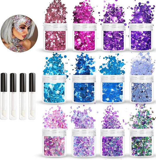 Allstarry Holographic Chunky Body Glitter 4 Colors Cosmetic Face Glitter Makeup Colorful Mermaid Sequins Hair Face Paint Sparkling Festival Outfits Rave Accessories for Women Makeup
