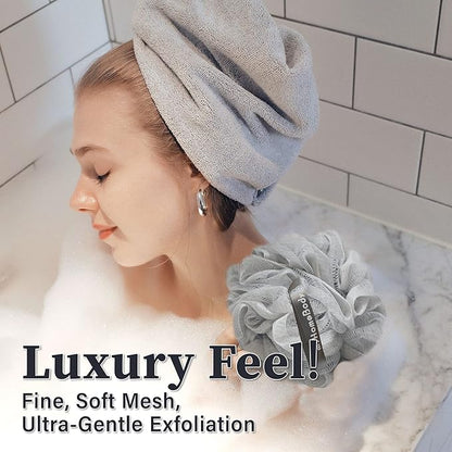 myHomeBody 60g Loofah Sponge, Body Scrubber, Bath Sponge, Loofah for Women, Men, Exfoliating Sponge Shower Pouf with Activated Charcoal - 2 Fog Gray + 1 Midnight Blue, 3 Pack