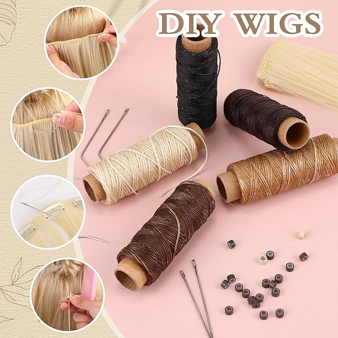 2500 Pcs Hair Extensions Micro Rings Links Beads and 5 Rolls Extensions Sewing Thread and 10 Pieces C/J/I Needles Kit for Human Hair Hand Sewing Wig DIY Craft
