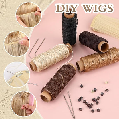 2500 Pcs Hair Extensions Micro Rings Links Beads and 5 Rolls Extensions Sewing Thread and 10 Pieces C/J/I Needles Kit for Human Hair Hand Sewing Wig DIY Craft