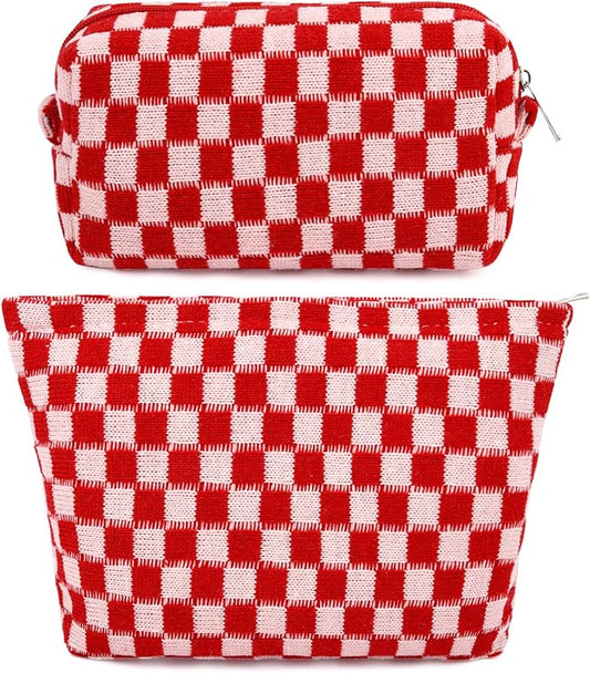 2 Pcs Checkered Makeup Bag Large Cosmetic Bag Toiletry Bag Makeup Pouch Travel Bag Organizer Cute Makeup Brushes Aesthetic Accessories Storage Bag for Women Red