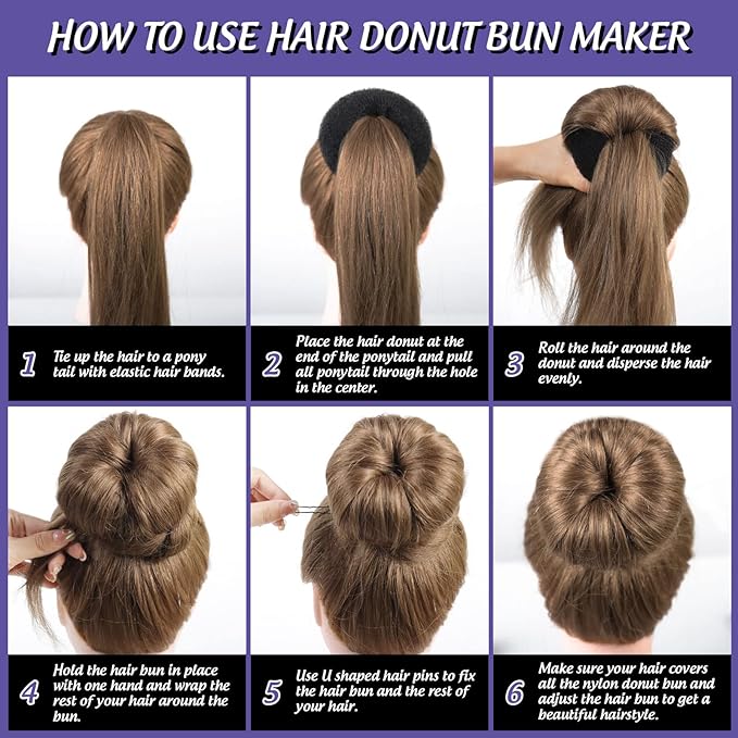 FANDAMEI Hair Donut Bun Maker Set - 4 Bun Shapers, 20 Invisible Nets, 5 Elastics, 20 Bobby Pins (Black)