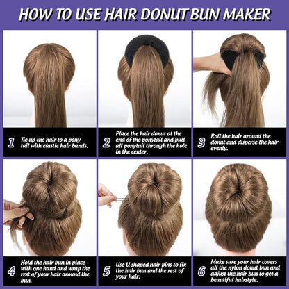 FANDAMEI Hair Donut Bun Maker Set - 4 Bun Shapers, 20 Invisible Nets, 5 Elastics, 20 Bobby Pins (Black)