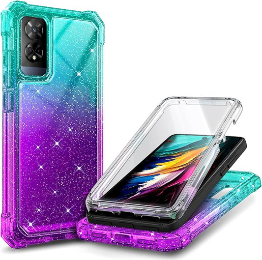 Designed for TCL 50 XE 5G Phone Case, 50 XE NXTPAPER 5G Case with Screen Protector, [Raised Corners Drop Protection] Full-Body Protective Shockproof Rugged Bumper Cover (Glitter Aqua/Purple)