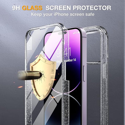 Miracase Glass Series Designed for iPhone 14 Pro Max Case 6.7 Inch, Upgrade Full-Body Case with Built-in 9H Tempered Glass Screen Protector, with Camera Lens Protector, Clear Glitter