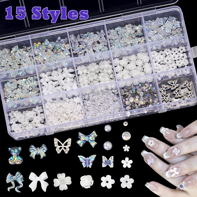 3D Acrylic Polar Butterfly Flowers Nail Charms with Starry AB Crystals Rhinestones Multi Sizes Pearls Mix Gold for Art DIY Decal Jewelry Accessories Crafting, 2 Piece Set