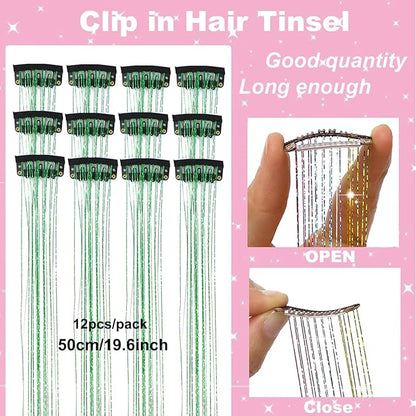 12Pcs Hair Tinsel Clip in Glitter Tinsel Hair Extensions 19.6Inch Clip in Hair Tinsel Kit Heat Resistant Shiny Sparkly Fairy Hair Accessories for Women Girls Kids (Green)