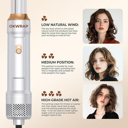 6 in ONE Blow Dryer Brush,Air Curling Iron Round Brush for Blow Out 1000W,Ionic Hair Dryer Brush for Women, Blowout Brush Air Styler Curler (Golden White)