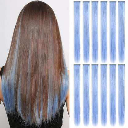 12 Pcs Colored Hair Extensions, 20 Inch Clip In Rainbow Hair Extensions Heat-Resistant Straight Hair Pices for Kids Women Cospaly Party Gift(Light blue)