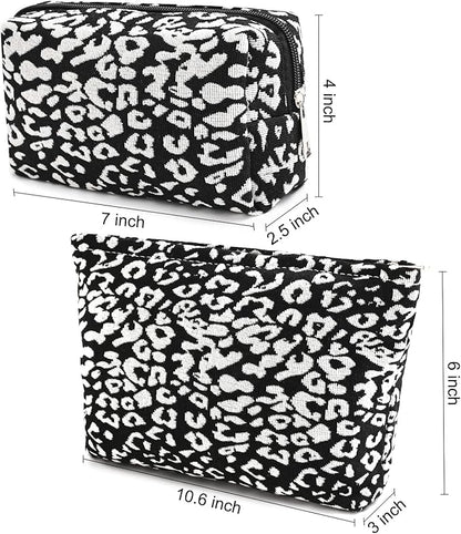 2 Pieces Leopard Print Makeup Bag Large Cosmetic Bag Capacity Canvas Mix Travel Toiletry Bag Organizer Cute Makeup Brushes Aesthetic Accessories Storage Bag for Women, Leopard Print Mix Black