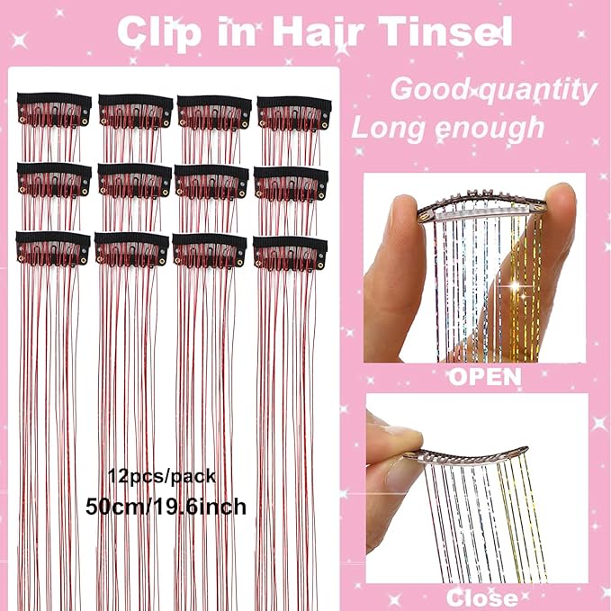 12Pcs Hair Tinsel Clip in Glitter Tinsel Hair Extensions 19.6Inch Clip in Hair Tinsel Kit Heat Resistant Shiny Sparkly Fairy Hair Accessories for Women Girls Kids (Red)