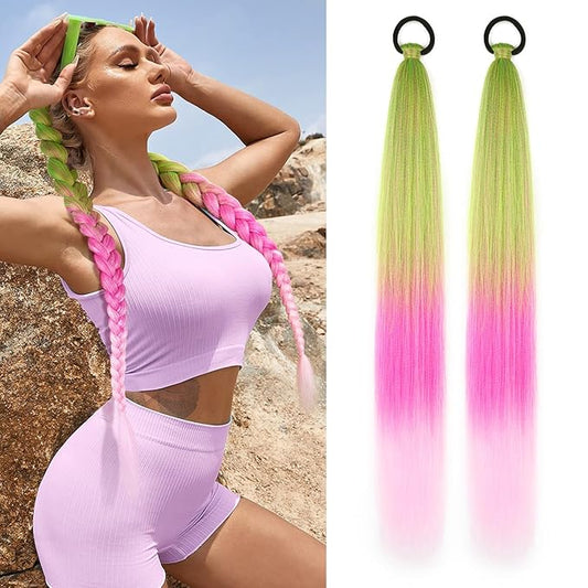2 Pack Braid Ponytail Extension with Elastic Tie Straight Sleek Wrap Around Braid Ponytail Green Pink Gradient 26 Inch (Green/Rose Pink/Light Pink#)