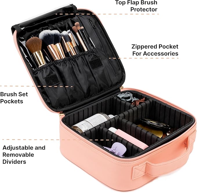 (Not Made In China) 2 Pack, Makeup Train Case, Cosmetic Travel Organizer For Professional Beauty Artist, Portable Storage Bag W/Adjustable Dividers For Jewelry and Brushes (Pink, Small)