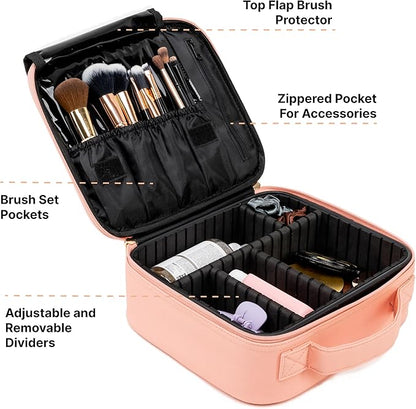 (Not Made In China) 2 Pack, Makeup Train Case, Cosmetic Travel Organizer For Professional Beauty Artist, Portable Storage Bag W/Adjustable Dividers For Jewelry and Brushes (Pink, Small)