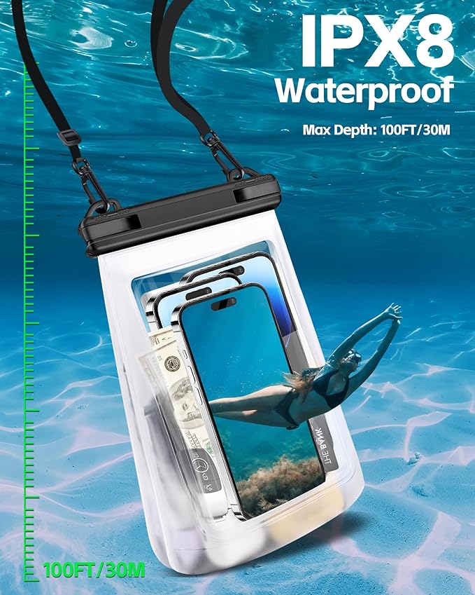 2L Floating Waterproof Phone Pouch for Up to 3 Phones [Up to 7.5"], Large Space Adjustable Neck Lanyard Waterproof Bag. Dry Bag for Family Vacations, Beach, Pools, Kayaking, Cruises - White