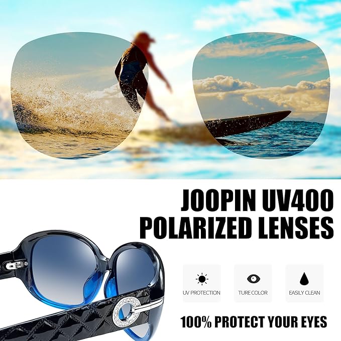Joopin Big Womens Sunglasses Polarized Trendy Sun Glasses Large Rectangle UV Protection Rhinestone Sunnies