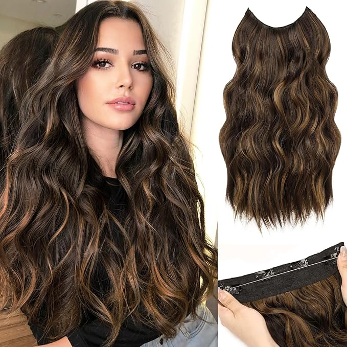 MORICA Invisible Wire Hair Extensions - 20 Inch Halo Hair Extensions Dark Brown Mixed Light Brown Long Wavy Synthetic Hairpiece with Transparent Wire Adjustable Size, 4 Secure Clips for Women