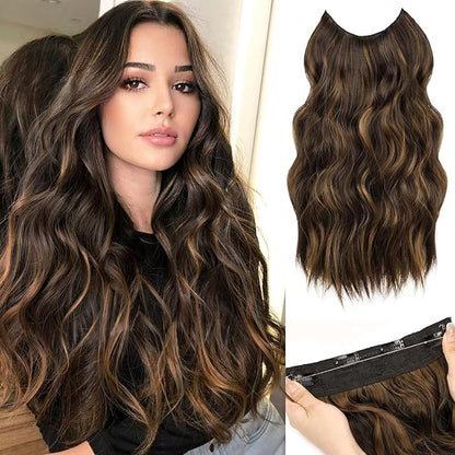 MORICA Invisible Wire Hair Extensions - 20 Inch Halo Hair Extensions Dark Brown Mixed Light Brown Long Wavy Synthetic Hairpiece with Transparent Wire Adjustable Size, 4 Secure Clips for Women