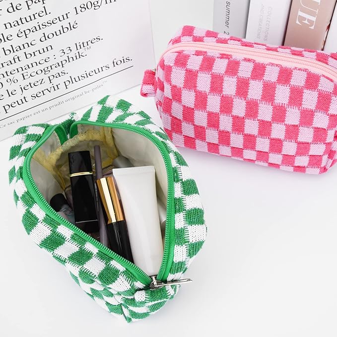 2 Pieces Makeup Bag Pouch Checkered Cosmetic Bag Pink Green, Travel Toiletry Bag Organizer Cute Makeup Brushes Storage Bag for Women